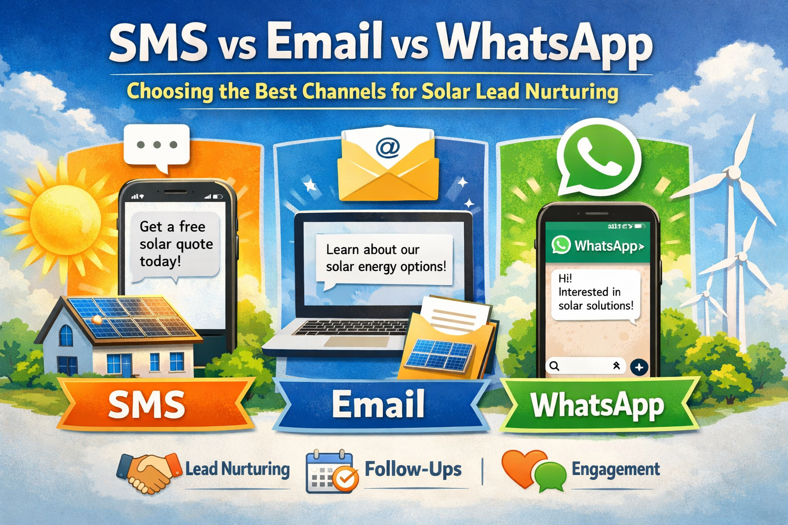  SMS vs Email vs WhatsApp communication for solar lead nurturing.