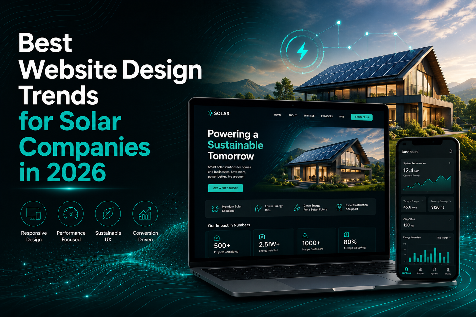 Modern solar company website showcasing the latest website design trends for lead generation & customer engagement in 2026.